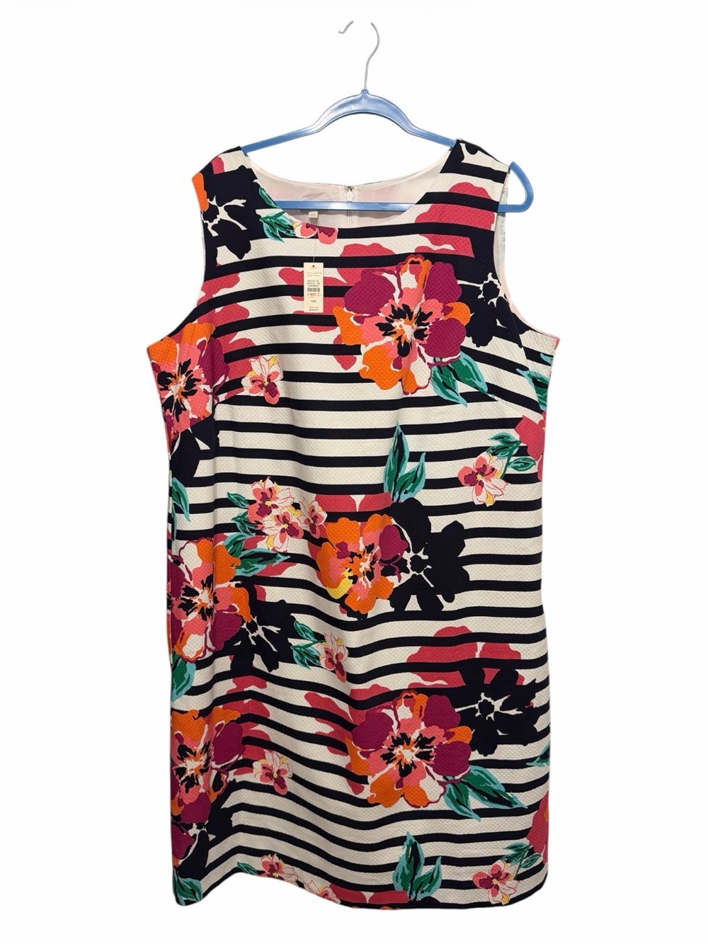 Talbots Navy and Cream Striped Dress with Bold Floral Print